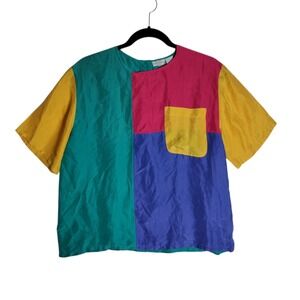 Vintage 80/90 Color Block Silk Short Sleeve Blouse Size Medium Y2k